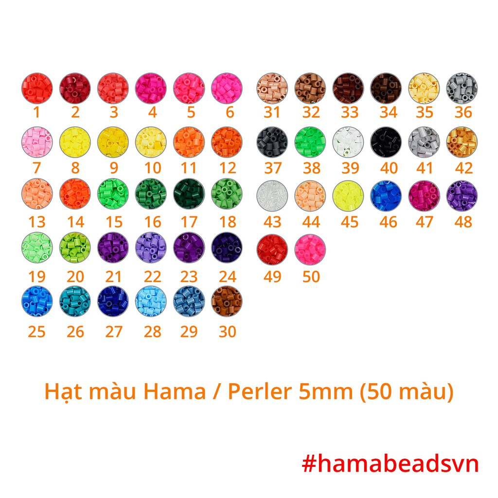 [HÀNG CÓ SẴN] 1000 hạt Perler beads, Hama beads, Hạt màu kì thú (Loại to 5mm) – 50 màu