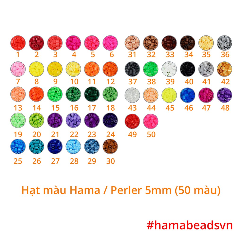 1000 hạt Perler beads, Hama beads, Hạt màu kì thú (Loại to 5mm) - 50 màu