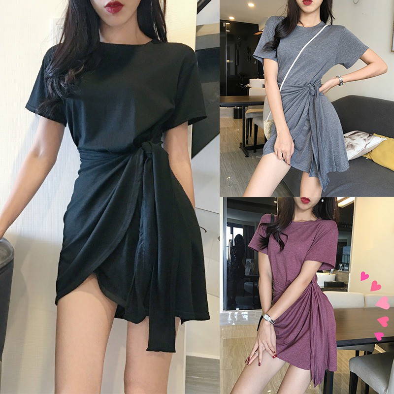 Váy Nữ Đầm Tay Ngắn Cổ Tròn Phong Cách Hàn Quốc Cho Nữ