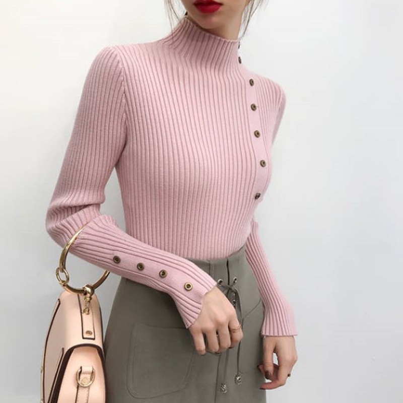 Áo len tay dài cổ cao phối nút thời trang mùa đông cho nữ