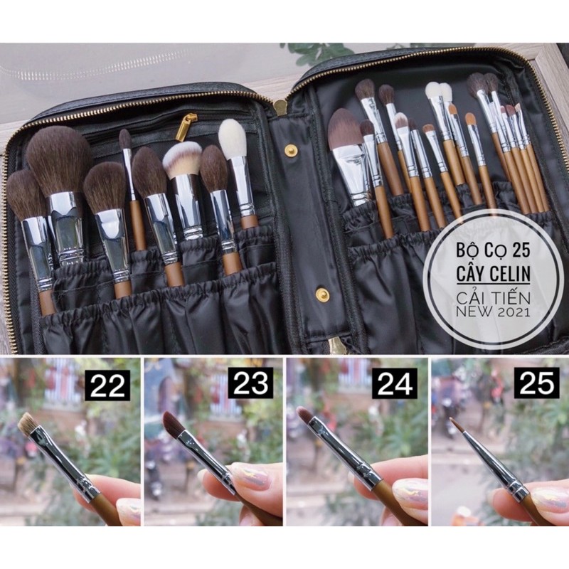 Bộ cọ trang điểm Celin 25 cây lông thú siêu mềm kèm bao da, túi lưới đựng cọ Siêu phẩm chính hãng nhập kẩu {Chính hãng