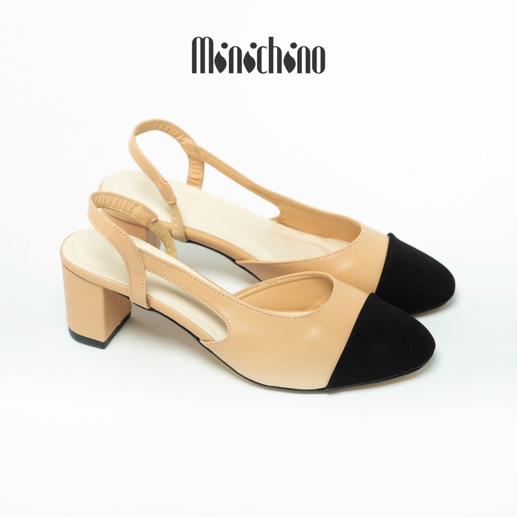 Giày sandal nữ gót cao 5cm MINICHINO mũi tròn đế vuông, phối dây thời trang màu đen TC040