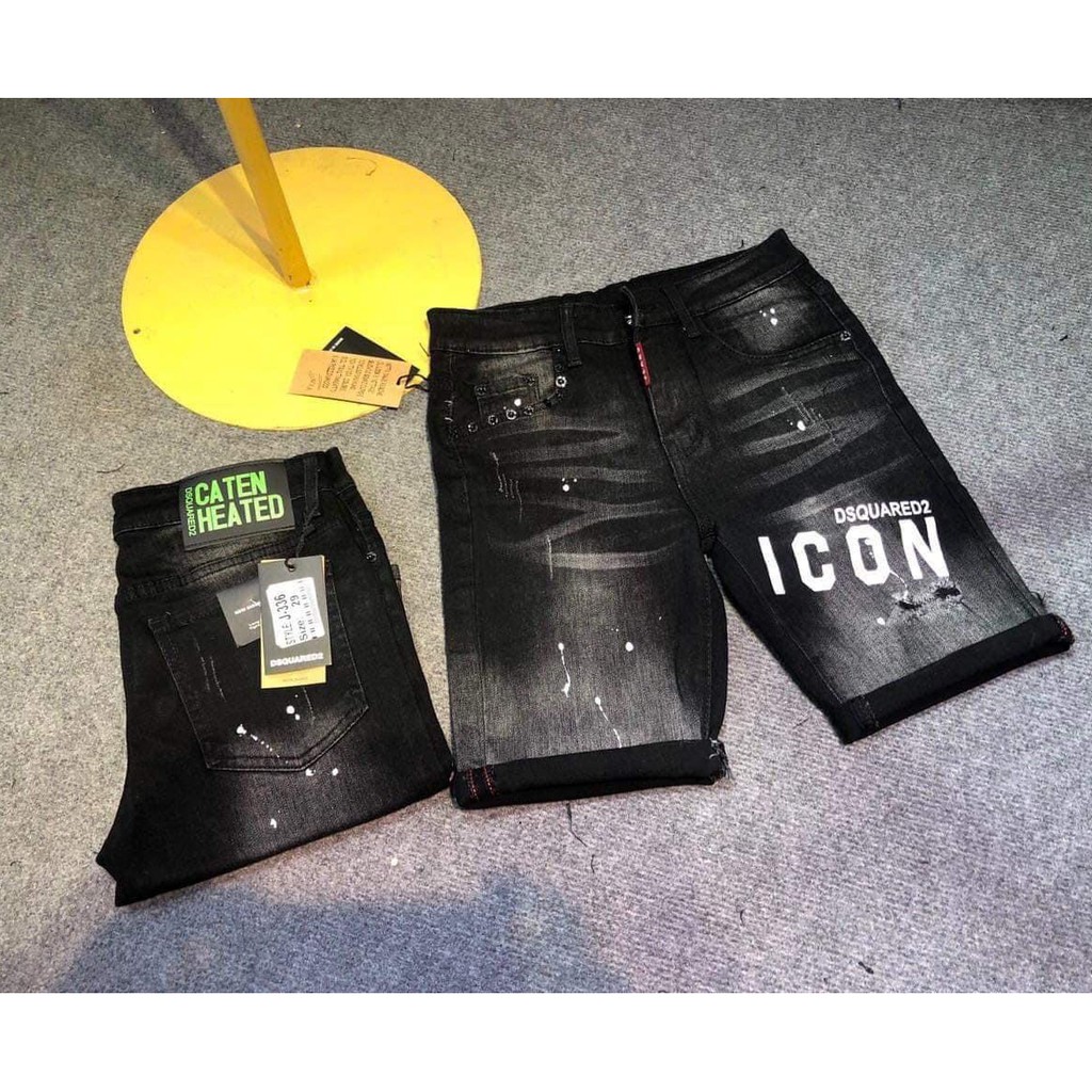 Quần short jean nam màu xám đậm in chữ hiệu. rách cá tính, vải dày dặn co giãn bốn chiều form regular
