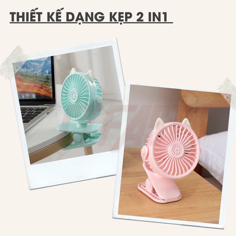 Quạt mini tích điện cầm tay hình mèo CTFAST, thiết kế dạng kẹp, điều chỉnh 360 độ, pin sạc 1200mAh