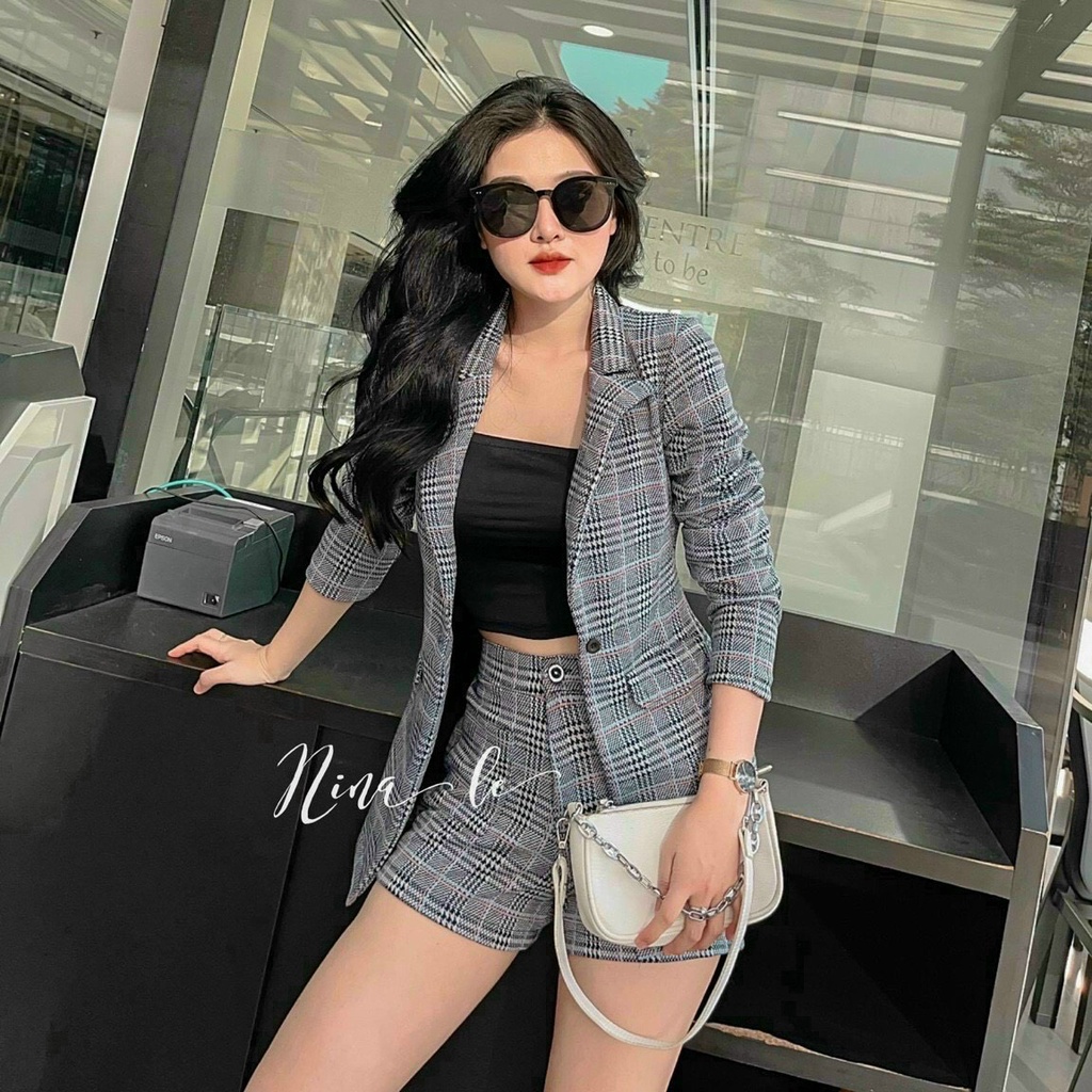 [8.8 Sales Freeship] Set bộ 3 món, set áo vest nữ tay dài sọc caro mix quần sooc đùi kèm áo 2 dây dạo phố sang chảnh dx