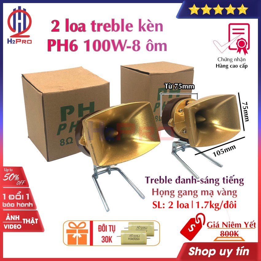 Bộ 2 loa treble rời H2Pro PH6 100W-8 ôm, họng kèn đúc gang-mặt vàng (2 loa), đanh-sáng tiếng (tặng cặp tụ kẹo 30k)