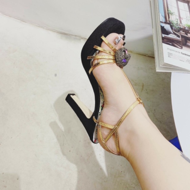 GIÀY CAO GÓT ĐÚP DÂY VÀNG ĐỒNG PHỐI ĐẦU BÁO ĐẸP MÊ LY 👠