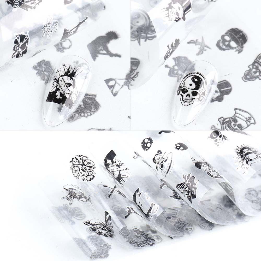 Set 10 Miếng Dán Trang Trí Móng Tay Họa Tiết Đầu Lâu Màu Đen Phong Cách Halloween