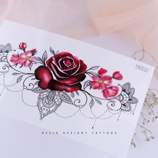 ◎۞miếng dán hình xăm neeio màu đỏ hoa hồng nho dây trang sức vòng eo gợi cảm che chắn vết sẹo bụng không thấm nước nữ