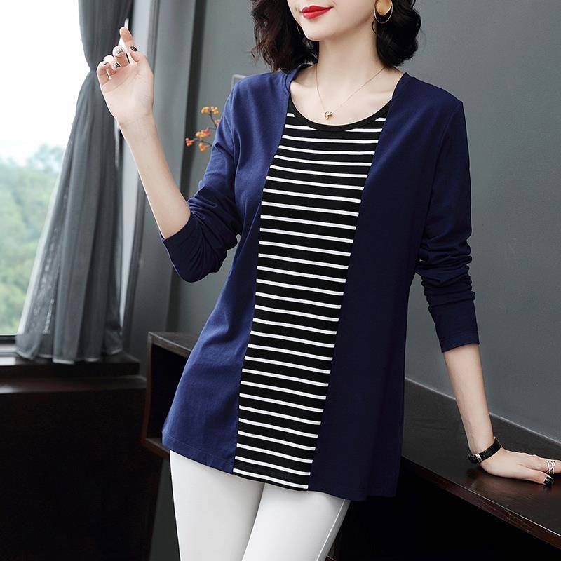 Áo Thun Tay Dài Plus Size Họa Tiết Kẻ Sọc Dành Cho Phụ Nữ Trung Niên