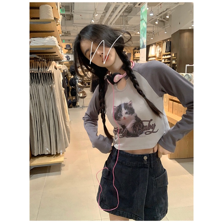 Áo Thun Tay Dài Màu Sắc Tương Phản Phong Cách Retro Dành Cho Nữ