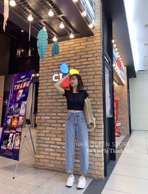 Quần baggy jeans cạp cao hai nút đôi túi mổ kèm ảnh thật | BigBuy360 - bigbuy360.vn