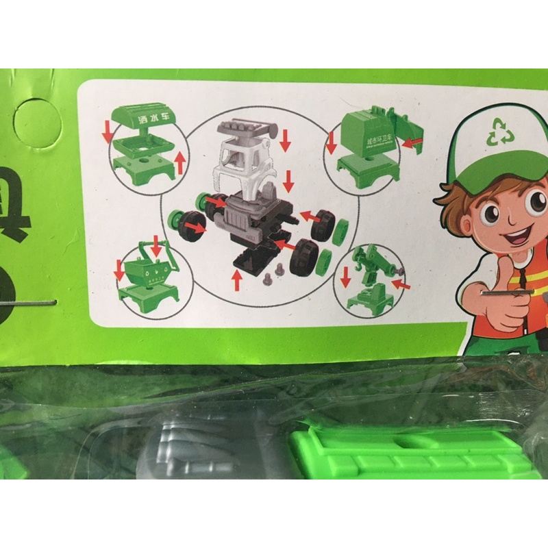 Túi Đồ Chơi 4 Xe Tua Vít Tháo Lắp, Xe Môi Trường, Xe Chở Rác