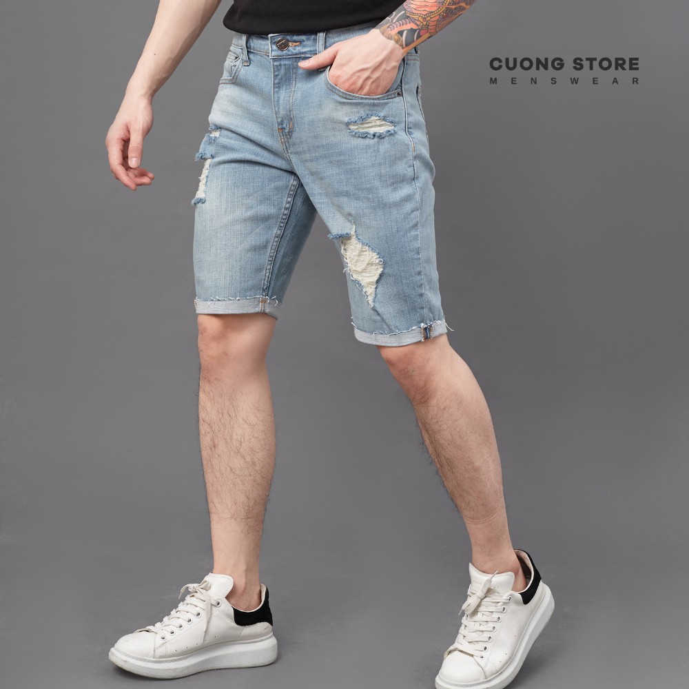 Quần short jean nam xanh rách MRC S242-SN chất cotton cao cấp, form ôm vừa vặn, tôn dáng, trẻ trung - CUONG STORE