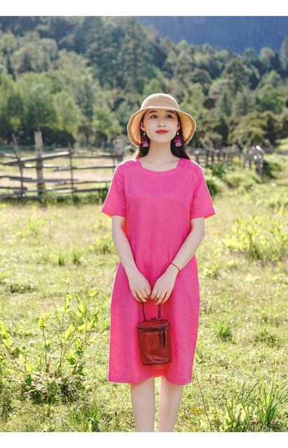 Váy linen  dáng suông nhún vai, tay ngắn đủ size S đến XL 44-63kg