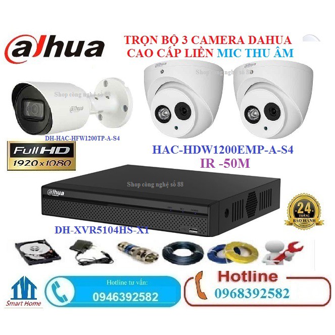 Trọn bộ 3 camera Dahua cao cấp Full HD liền mic thu âm+Full phụ kiện lắp đặt tại nhà