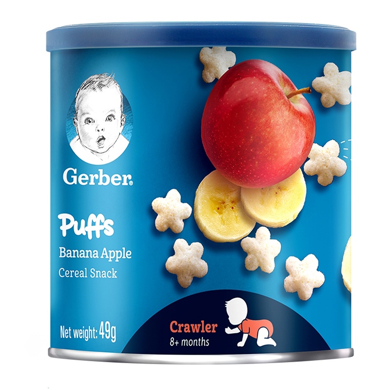 Bánh Ăn Dặm Gerber Puffs Organic Hộp 49g Các vị Cà chua Carot, Phúc bồn tử, Chuối Cam, Dâu táo và Chuối táo