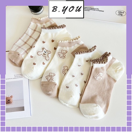 Tất nữ ngắn cổ bèo màu nâu nhiều họa tiết phong cách hàn quốc chất liệu co dãn thoáng mát thấm hút mồ hôi