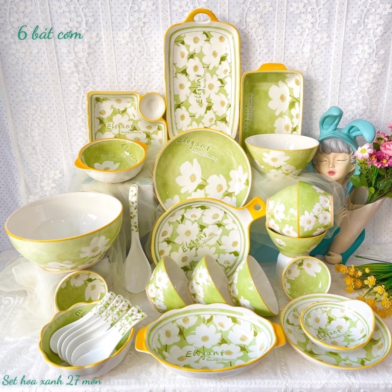 Bát Đĩa Decor Chén Dĩa Sứ Hoạ Tiết Cúc Hoạ Mi Xanh Tô Sứ Bát Ăn Cơm Decor Sứ Cao Cấp
