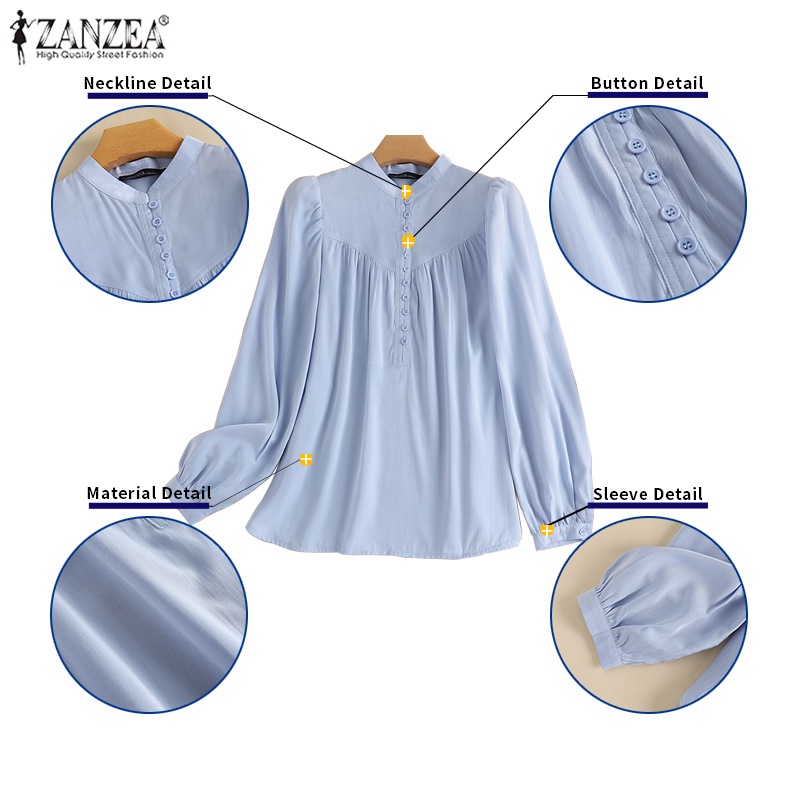 Zanzea Áo Kiểu Tay Phồng Cổ Đứng Xếp Ly Cài Nút Phong Cách Cổ Điển Thời Trang