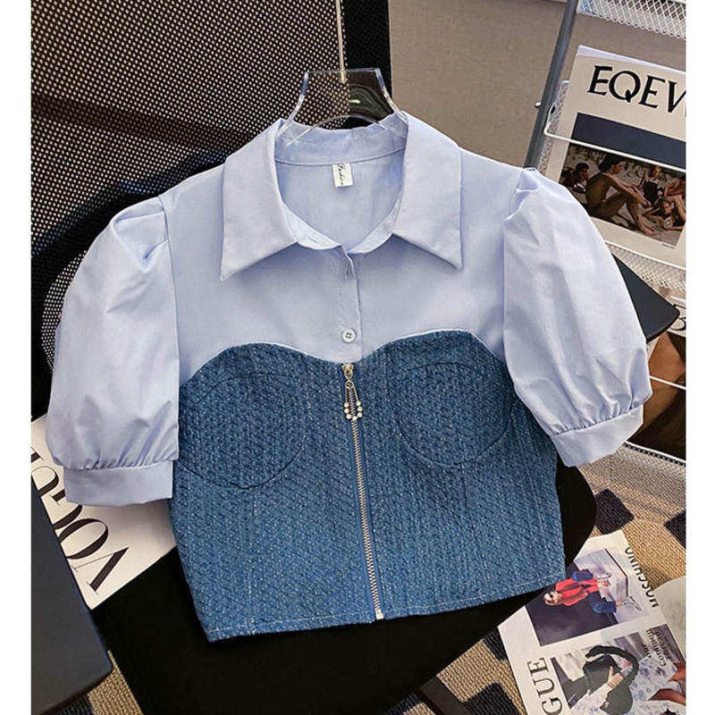 Áo Sơ Mi Tay Ngắn Dáng Ôm Phối Vải denim Thời Trang Mùa Hè Cho Nữ