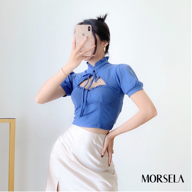 Áo croptop nữ tay phồng thắt Nơ cổ siêu xinh - áo crop top kiểu - Morsela