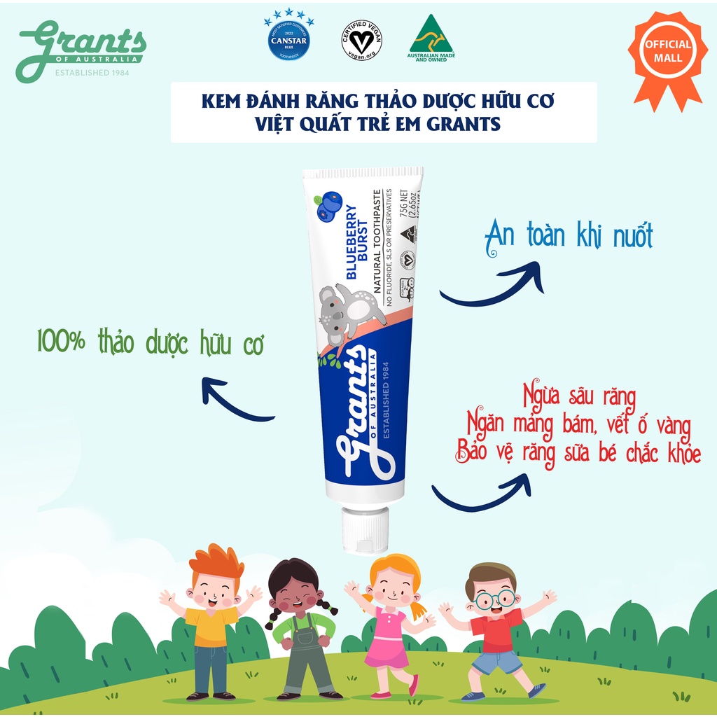 Kem đánh răng trẻ em thảo dược hữu cơ việt quất Grants - 75g