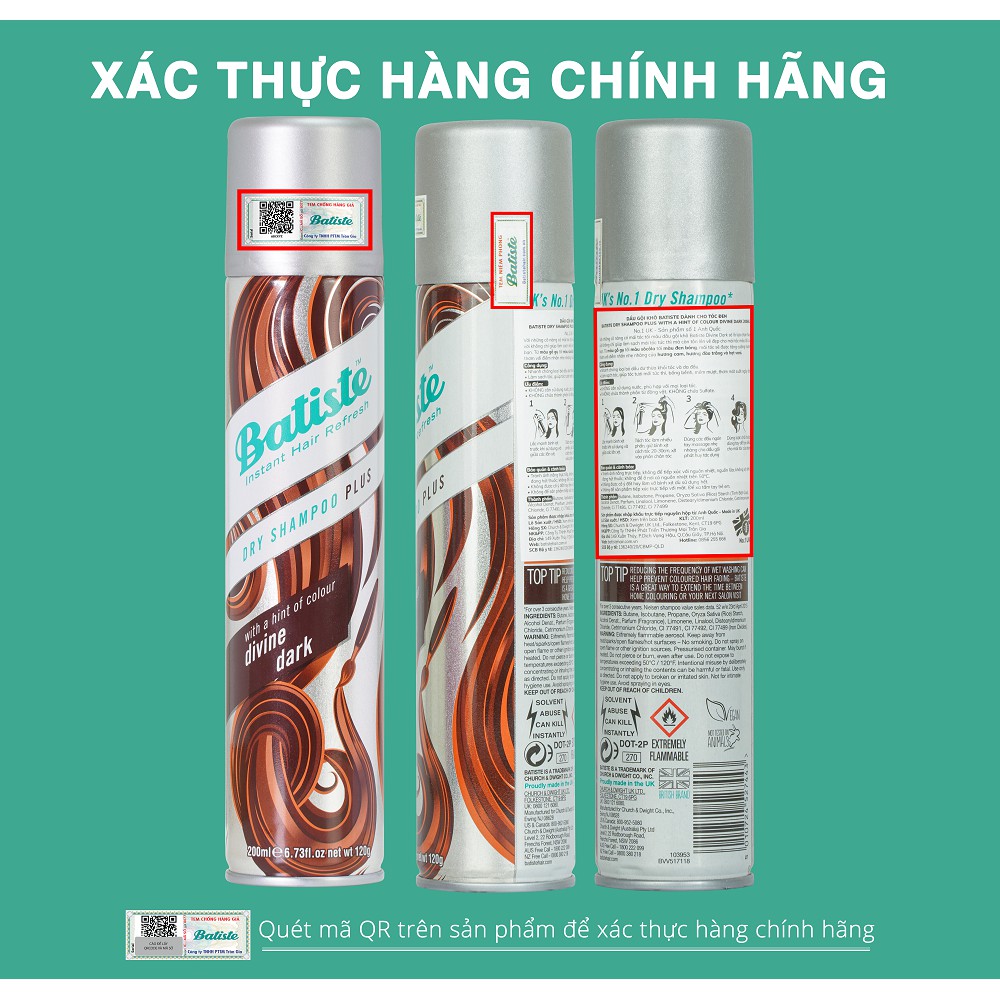 Dầu Gội Khô Batiste Cho Nam Và Nữ Tóc Đen - Batiste Dry Shampoo Plus With A Hint Of Colour Divine Dark 200ml