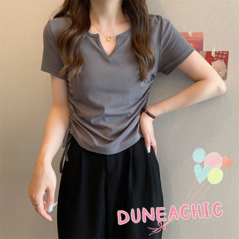 DUNEA Áo thun tay ngắn cổ chữ V phối dây rút thời trang cho nữ