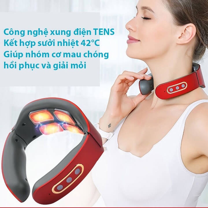 Máy massage cổ vai gáy 3D cao cấp xung điện, máy mát xa đốt sống cổ 4 đầu tiếp xúc, 6 chế độ mat xa, 9 cường độ