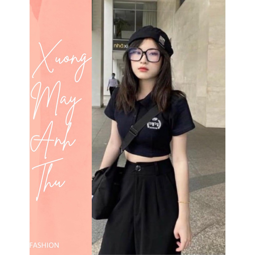 Áo polo croptop chữ hàn nữ [FREESHIP] Thun ôm body, phông thiết kế cổ sơ mi bánh bèo cá tính ulzzang ĐẸP