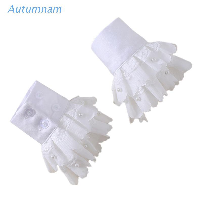 AUTU  Korean Ladies Double Layer Detachable Cuffs Chiffon Pleated Ruffles Lace Imitation Pearl Beading Fake Sleeves Sweater Decorative Wristband Clothing