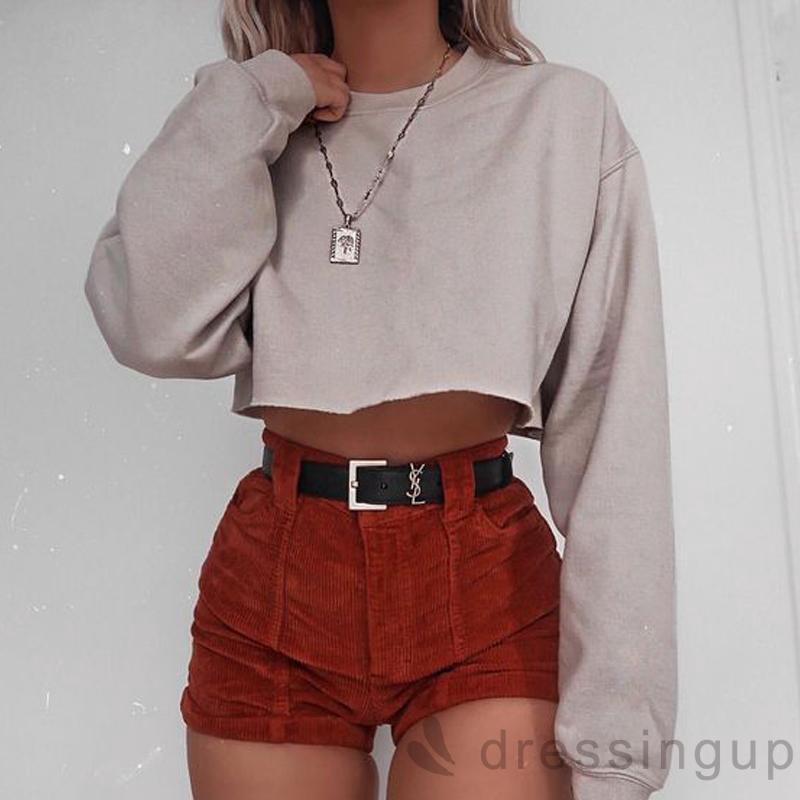 Áo croptop tay dài màu trơn thời trang cho nữ