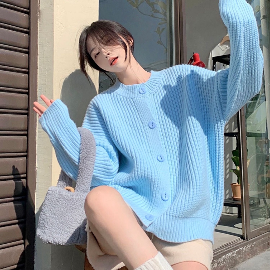 Áo Khoác Cardigan Dệt Kim Màu Xanh Dương Thời Trang