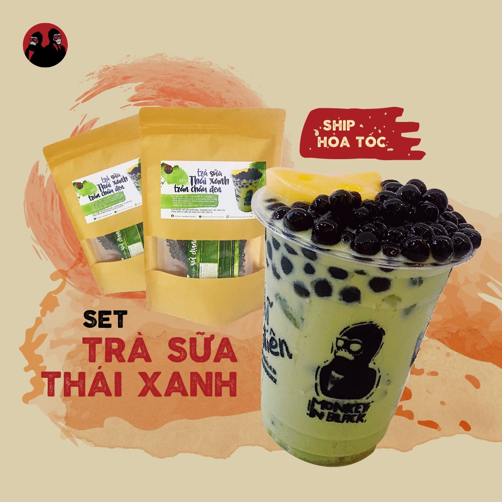 Set nguyên liệu trà sữa thái xanh trân châu đen pudding trứng siêu ngon set 15 - 25 ly full topping-Monkey In Black MIB