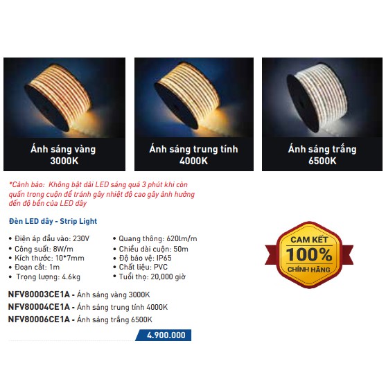 Đèn LED dây ngoài trời Panasonic NFV80006CE1A, 50m, Ánh sáng trắng 6500K, IP65