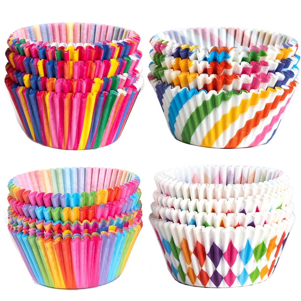 Set 100 đế lót bánh cupcake màu sắc cầu vồng độc đáo