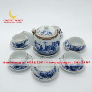 Bộ ấm chén men lam đánh chỉ viền vàng kim ''Vinh Hoa'' - vẽ Trúc Lâm Thất hiền