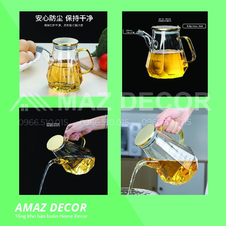 Giá sỉ Chai lọ bình nắp vàng inox 304 đựng dầu ăn, nước tương, nước mắm thủy tinh chia vạch chịu nhiệt độ cao 500ml