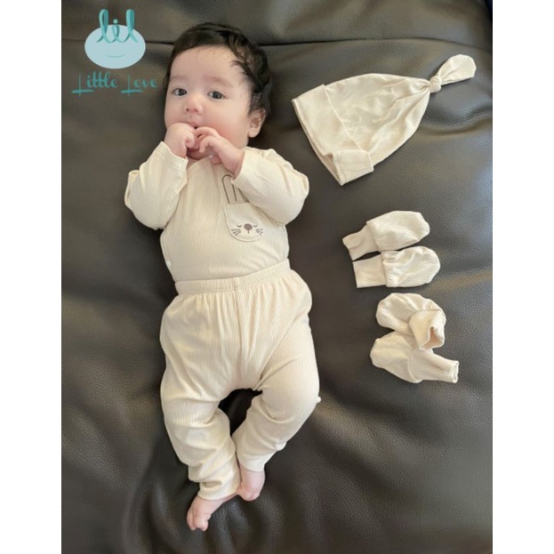 Lil little love - Bộ dài tay vải tăm túi ngực thỏ xinh cho bé 3-7kg