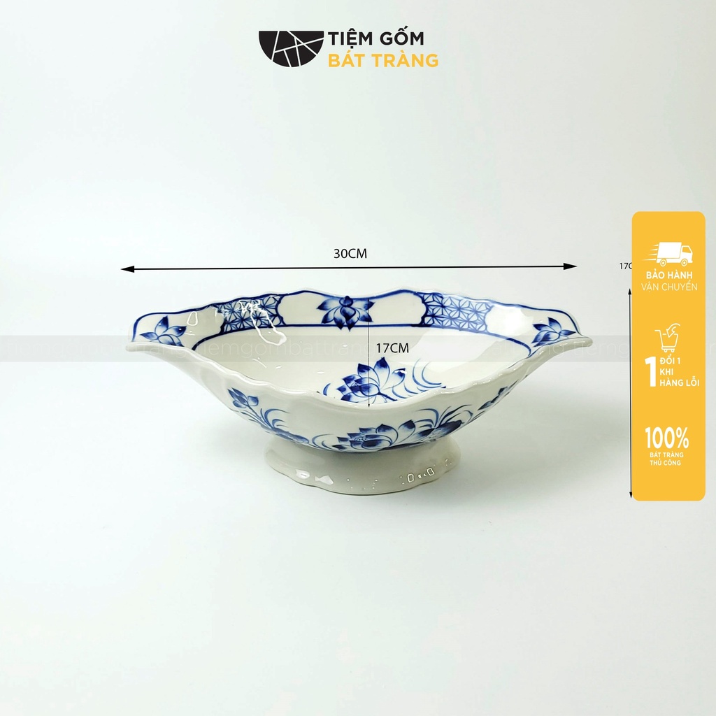 Bát Thuyền Bát Đĩa Đựng Gà Cúng Nguyên Con Gốm Sứ Bát Tràng Cao Cấp Màu Trắng Và Kẻ Vàng
