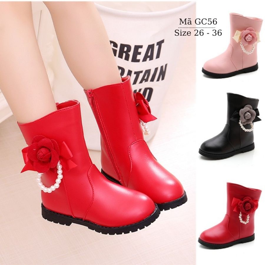 Giày bốt bé gái 3 - 12 tuổi cổ cao khóa kéo thời trang 3 màu hồng đen đỏ gắn hoa duyên dáng cho bé đi học đi chơi GC56