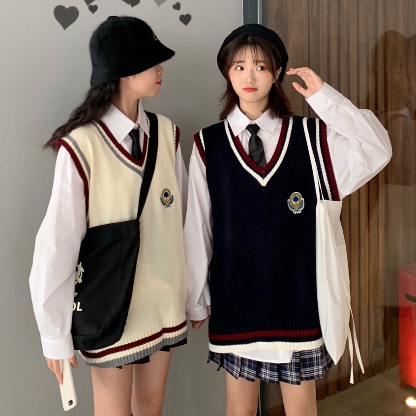 Áo gile len nữ form rộng oversize học sinh ulzzang unisex Hàn Quốc, Áo gile logo cổ V viền kẻ đồng phục đi chơi đi học