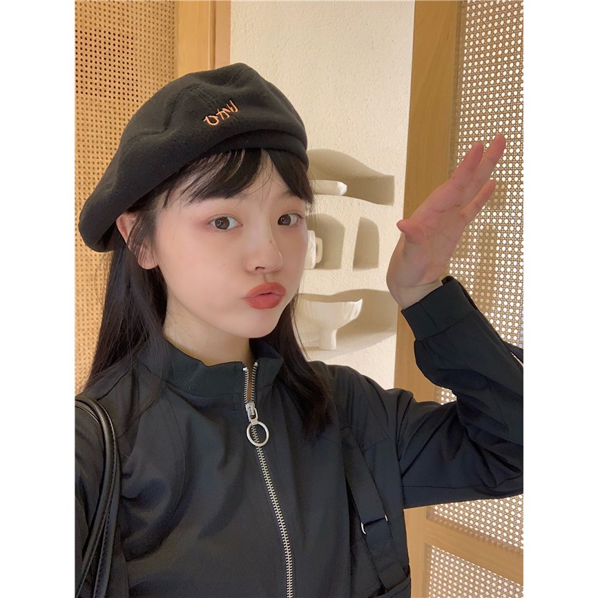 Women's beret embroidered new lettering in autumn and winter cute solid beret