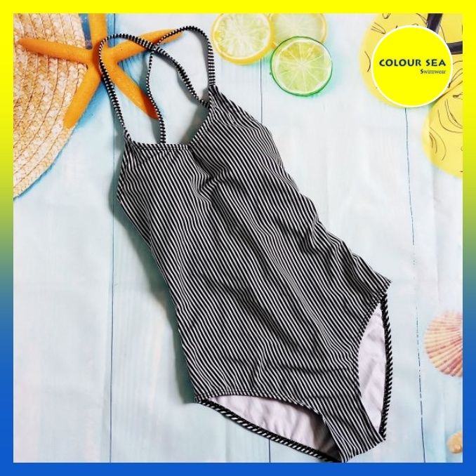 Bộ bơi bikini 1 mảnh sọc trắng xám đen chéo lưng thanh lịch