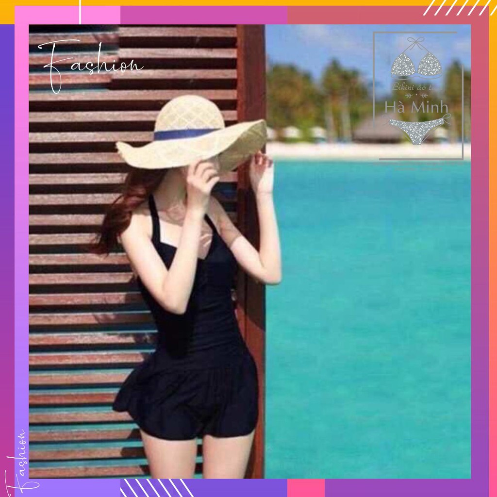 [Xưởng May Bikini Hà Minh] Bikini, Đồ Bơi Đi Biển Một Mảnh Liền Thân Đen Cột Dây Cổ Váy Xòe KG0730 ODERI