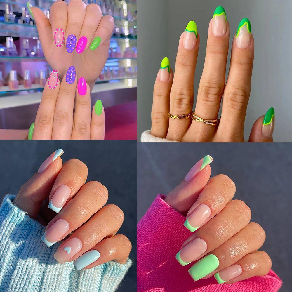 Set 24 Móng Tay Giả Dạ Quang Dạng Nhấn Màu Xanh Lá Kiểu Pháp