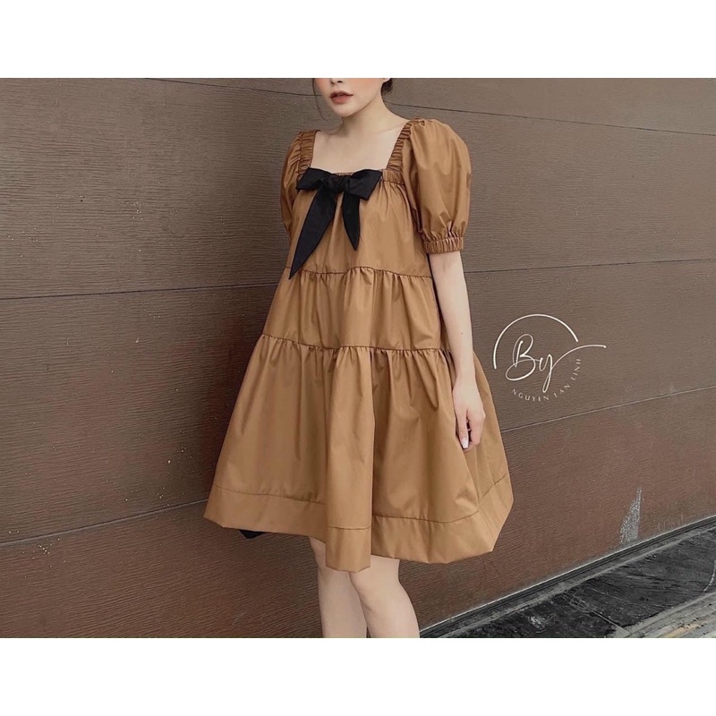 Đầm babydoll nữ -Váy trắng nữ xoè cổ vuông đính nơ chất thô mềm về đủ 2 màu