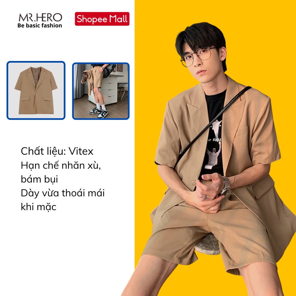 Set 3 Món áo blazer ngắn tay quần short áo phông trắng  M.RO Set06 vải unisex form dáng rộng phong cách Hàn Quốc