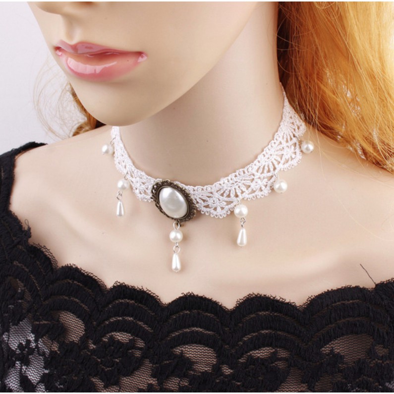 Vòng cổ nữ choker ren trắng đính gương cá tính